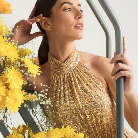 NWT MAC DUGGAL SZ 2 11281 SEQUIN HALTER NECK SOFT TIE DRESS CHAMPAGNE GOLD - Picture 2 of 9